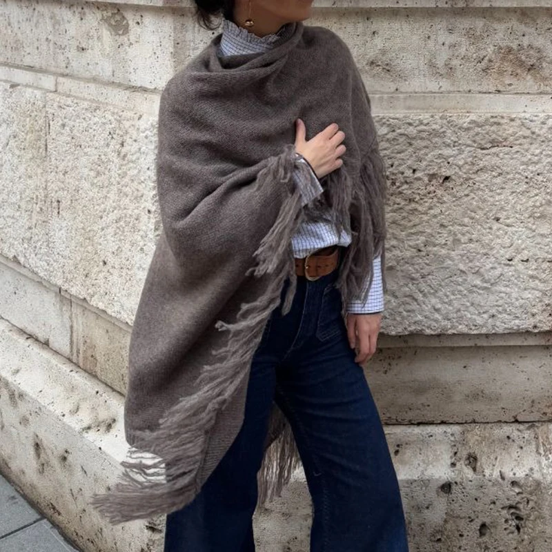 

Элегантные накидки, однотонные асимметричные вязаные топы с кисточками, шаль, женский свитер-пончо с открытой передней частью, винтажная уличная одежда
