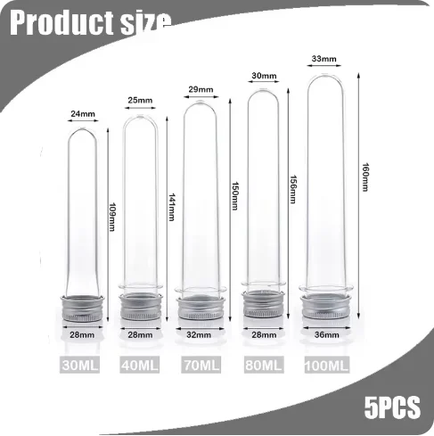 5 Stück 30ml-100ml durchsichtige Kunststoff-Reagenz gläser mit Aluminium-Schraub kappen für wissenschaft liche Experimente Badesalz Süßigkeiten Aufbewahrung sparty