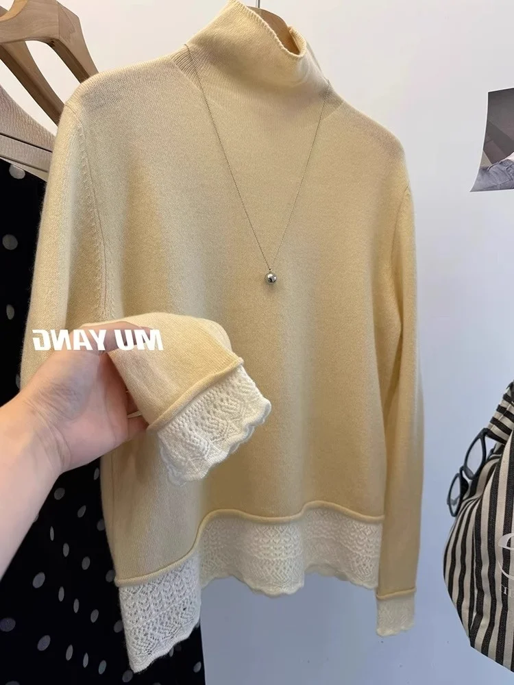 

Color Blo Lace Patchwork Base irt Winter New High Collar Warm Casual Commute Sle Top Soft Cozy Comfortable Inner Wear