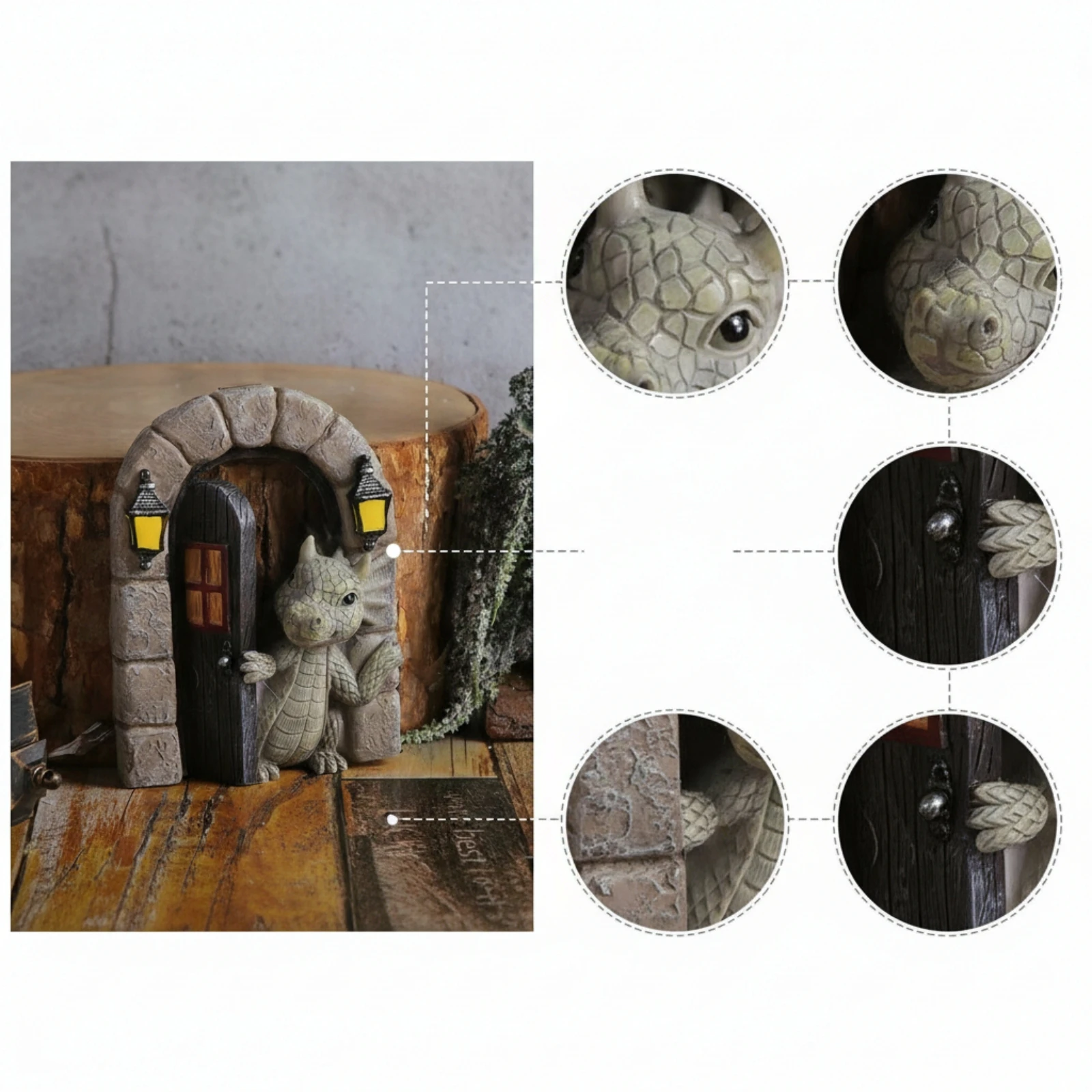 Dragon Statue with Arch Stone-Look Dragon Figurine Decoration Cute Decor Decorative for Fantasy Fans, Fairy Garden, Plant Shelf