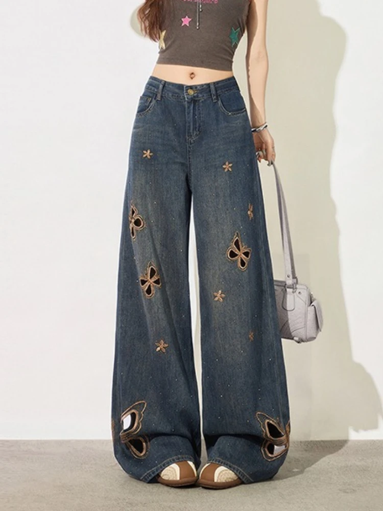 Butterfly Hot Stamping Diamond Hollowed Out Wide Leg Jeans for Women Summer of 2026 High Waisted Slimming Straight Jeans