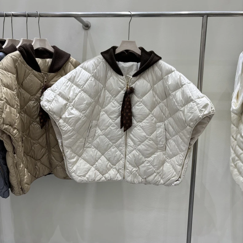 Schinteon Women's 90% White Duck Down Irregular Vest with Knitted Hood Sleeveless Jacket Fashionable Autumn Winter Cape 2026 New