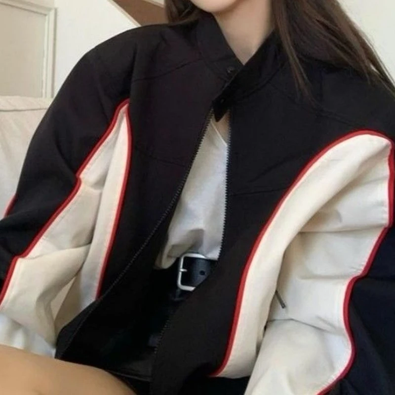 Jacket Women's 2025 New Black and White Contrasting Top, Loose High-waisted Motorcycle Baseball Uniform
