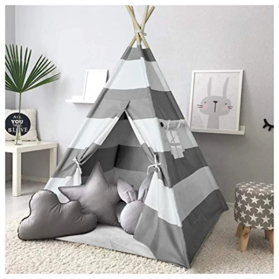 

Indoor outdoor kids teepee tent for boys, canvas tipi play house, grey stripe, durable and portable