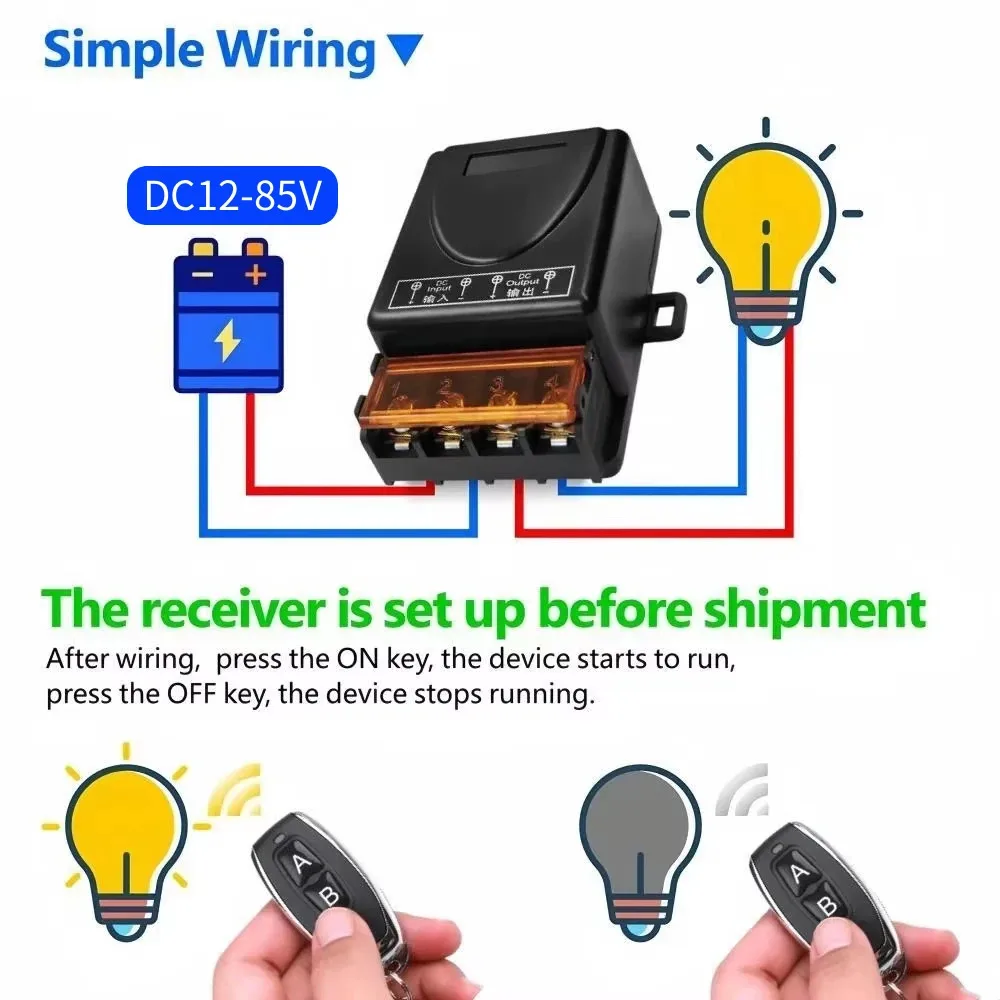 KEBIDU Bezprzewodowy Przełącznik Zdalnego Sterowania 433Mhz 30A DC 12V 24V 36V 85V Wysokiej Mocy Przekaźnik RF Odbiornik do Lamp, Oświetlenia LED, Zasięg 100m — zdjęcie produktu 5