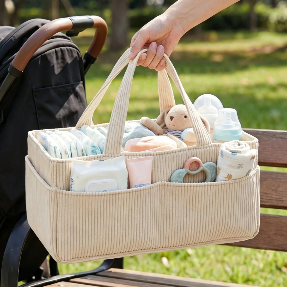 2pcs-baby-diaper-caddy-organizer-corduroy-diaper-storage-basket-with-handle-multifunctional-baby-products-organizer-basket