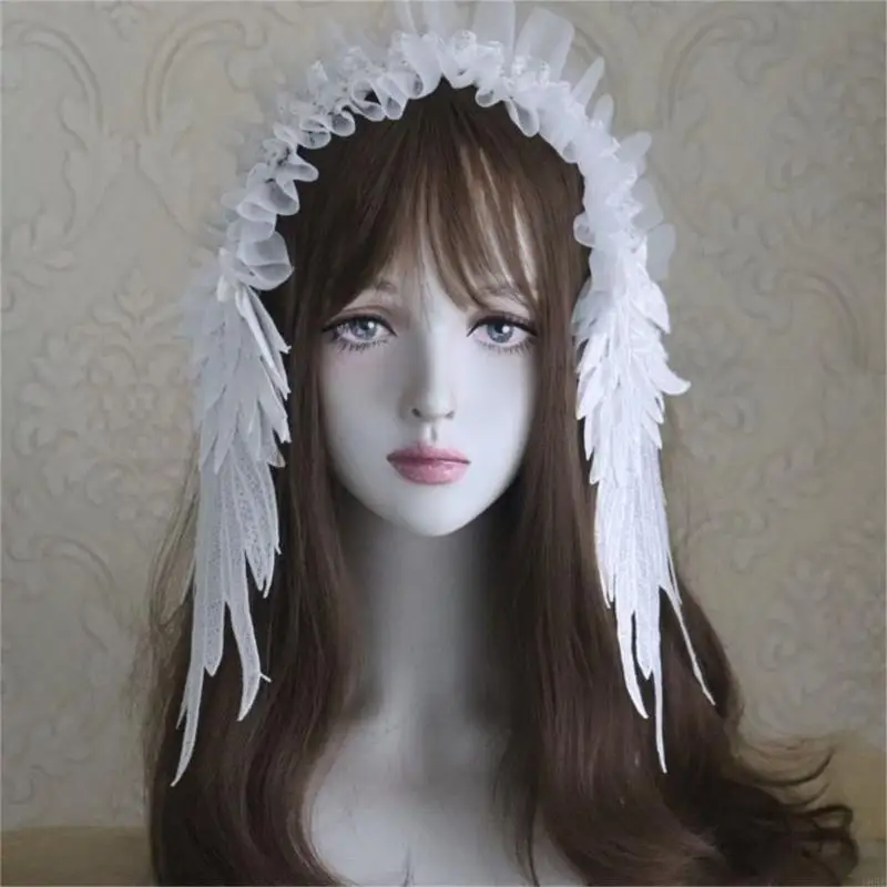 195E غطاء رأس ياباني أنيق من الدانتيل على شكل جناح الملاك لحفلة الهالوين، إكسسوار للشعر للفتيات والنساء #3