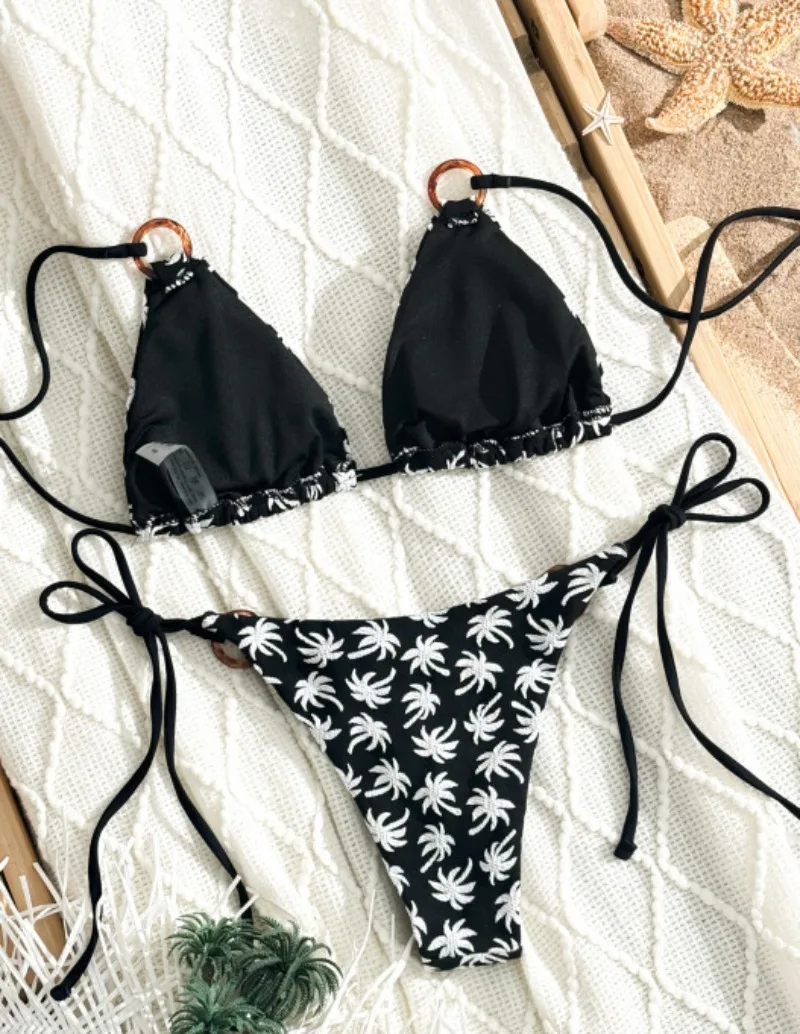 مثير طباعة الرسن التعادل الدائري الأسود البيكينيات مجموعات قطعتين ثونغ المايوه بحر المايوه ملابس السباحة biquini Tankini #3