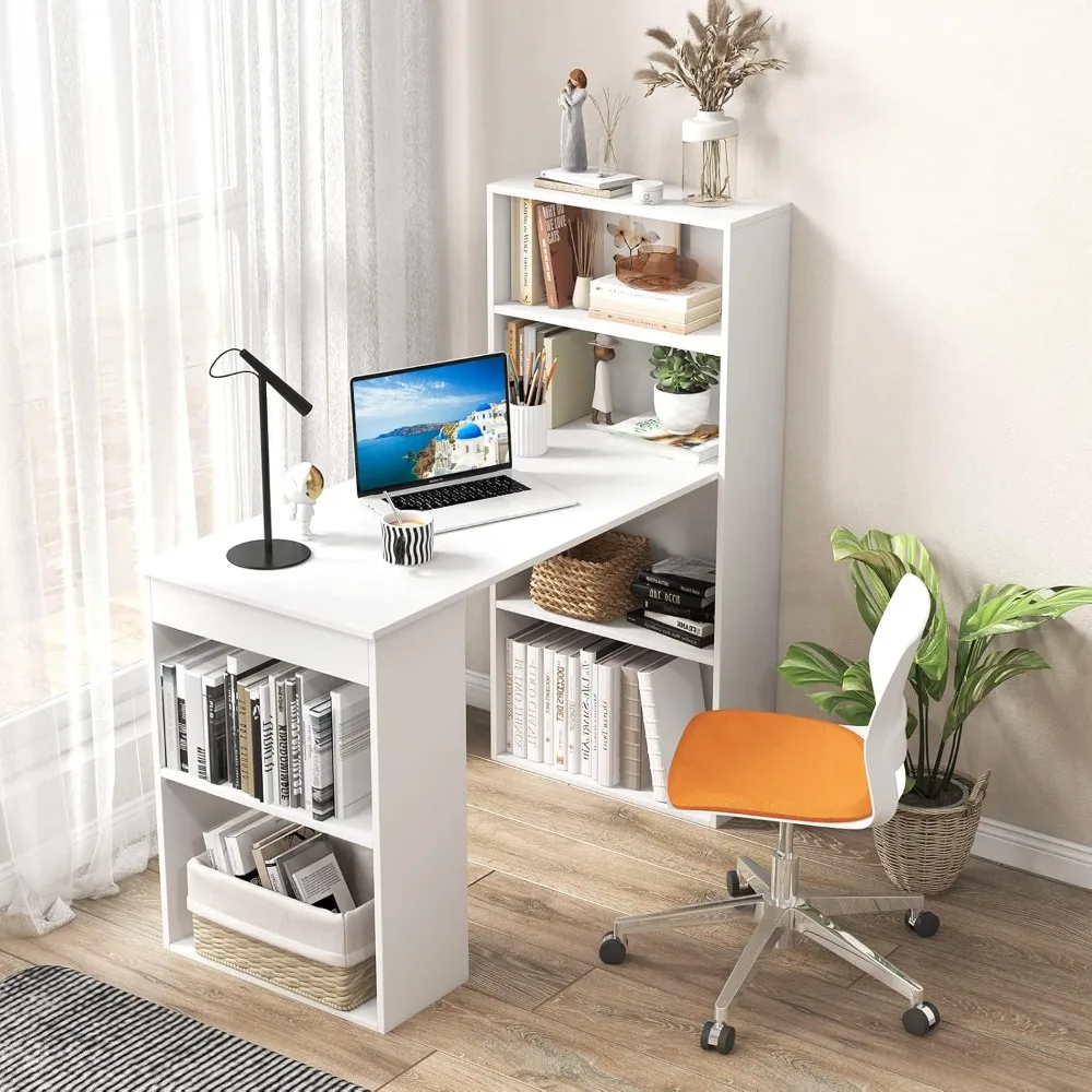 48 Inch Computer Desk with Bookshelf, Reversible Study Writing Desk with Storage Shelves & CPU Stand, Compact Office Desks