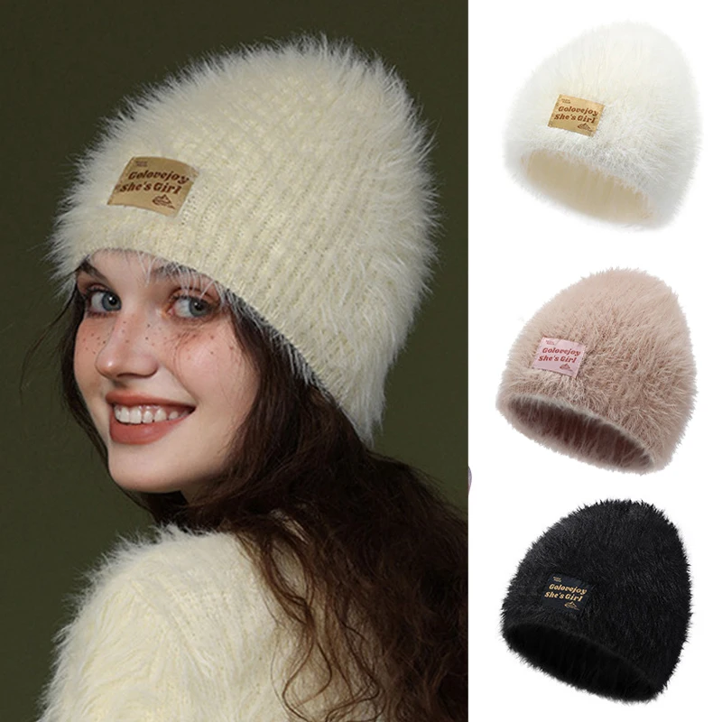 

Autumn Winter Plush Beanies for Women Girls Imitation Mink Velvet Knitted Hat Windproof Woolen Bonnet Ear Protection Cold Cap