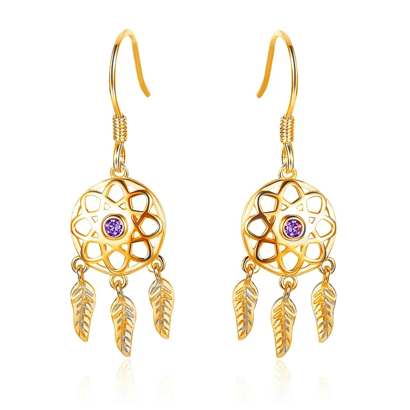 Kaletine Real 100% 925 Sterling Silver Dream Catcher Holder Drop Earrings for Women Boho Yellow Rose Gold Jewelry Gift aretes