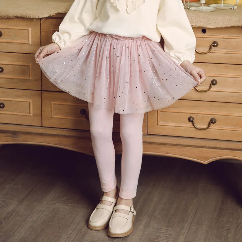 high-elastic Princess Style Girls Leggings Lace Culottes & Sparkly Sequin Star Pantskirt for Spring Fall Dressy  Cotton Pant