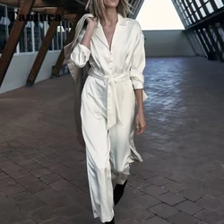 Korean Women V Neck Belt Jumpsuits Casual Female Long Sleeves White Silk Clothes One Piece Overalls Chic Elegant Woman Jumpsuit