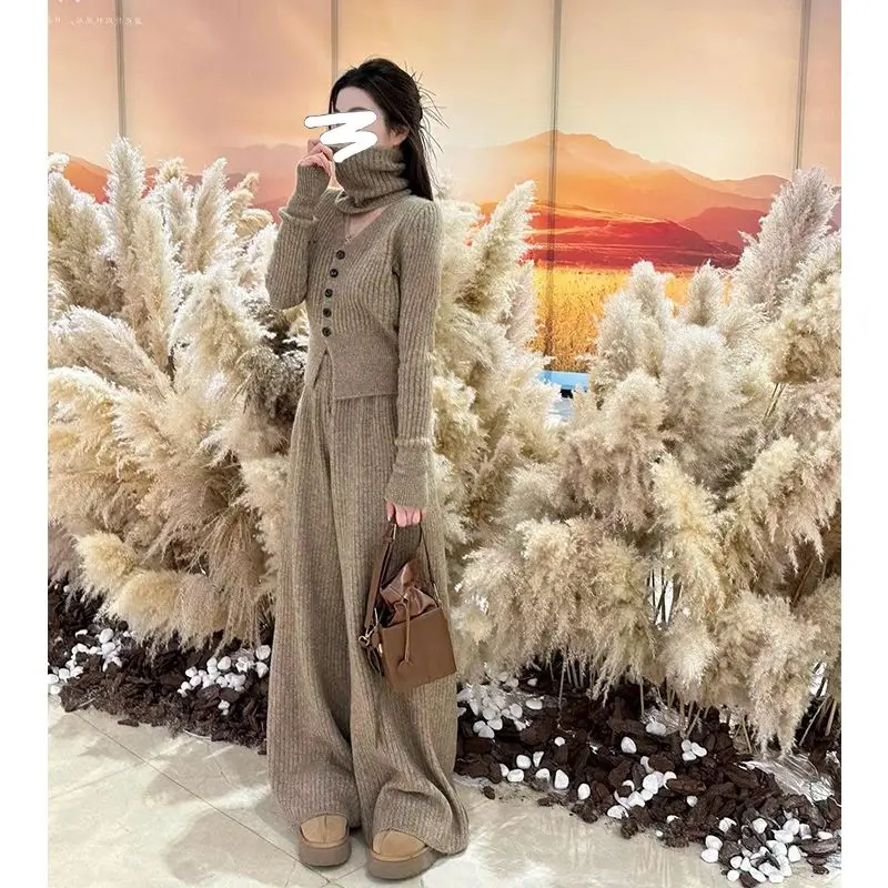 Stylish Temperament Set for Autumn and Winter New Knitted Cardigan High Waisted Straight Leg Pants Scarf Casual Three Piece Set