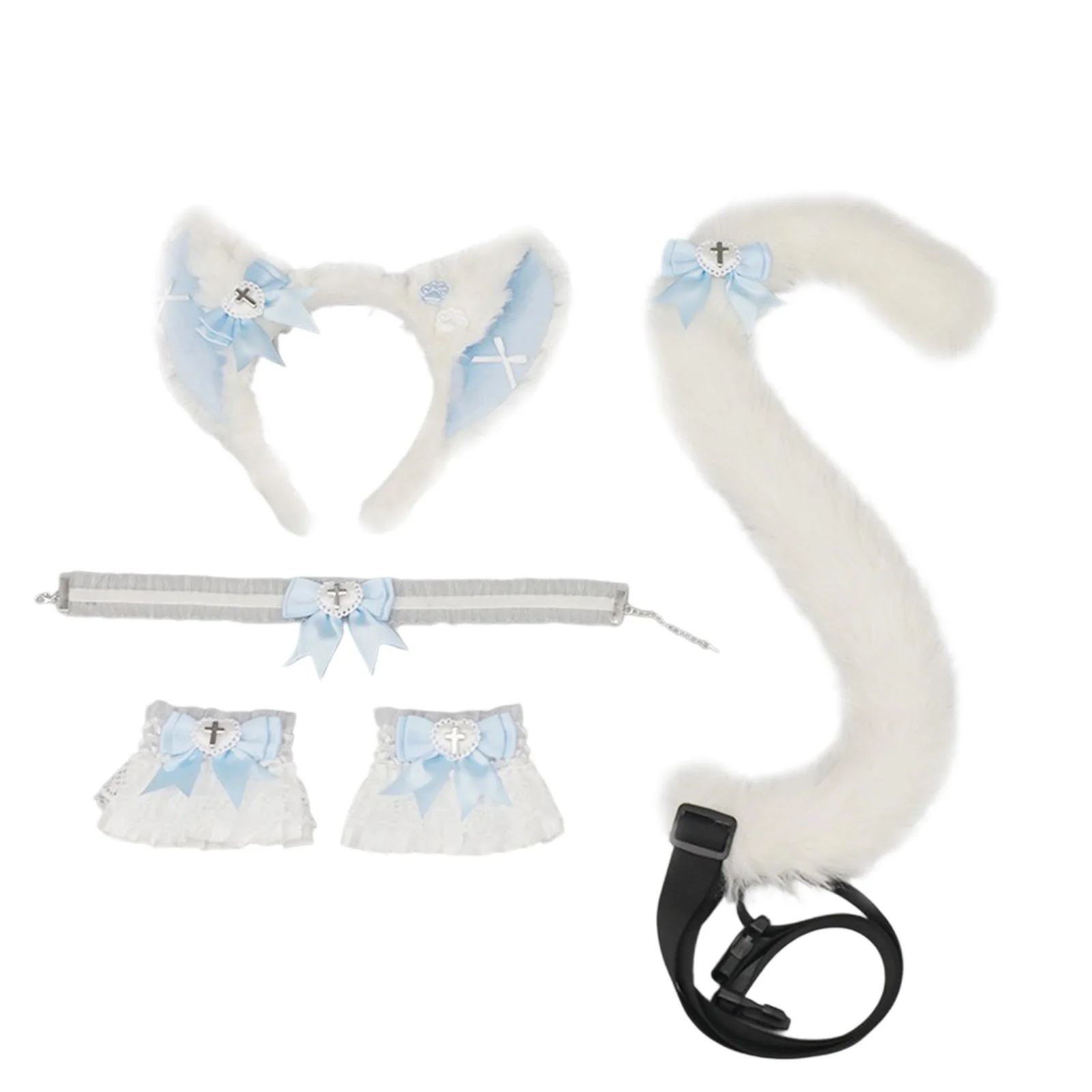 

Повязка на голову с нечетким котом и хвостом, комплект из 5 предметов для женщин, колье с бантом, аксессуары для косплея на Хэллоуин