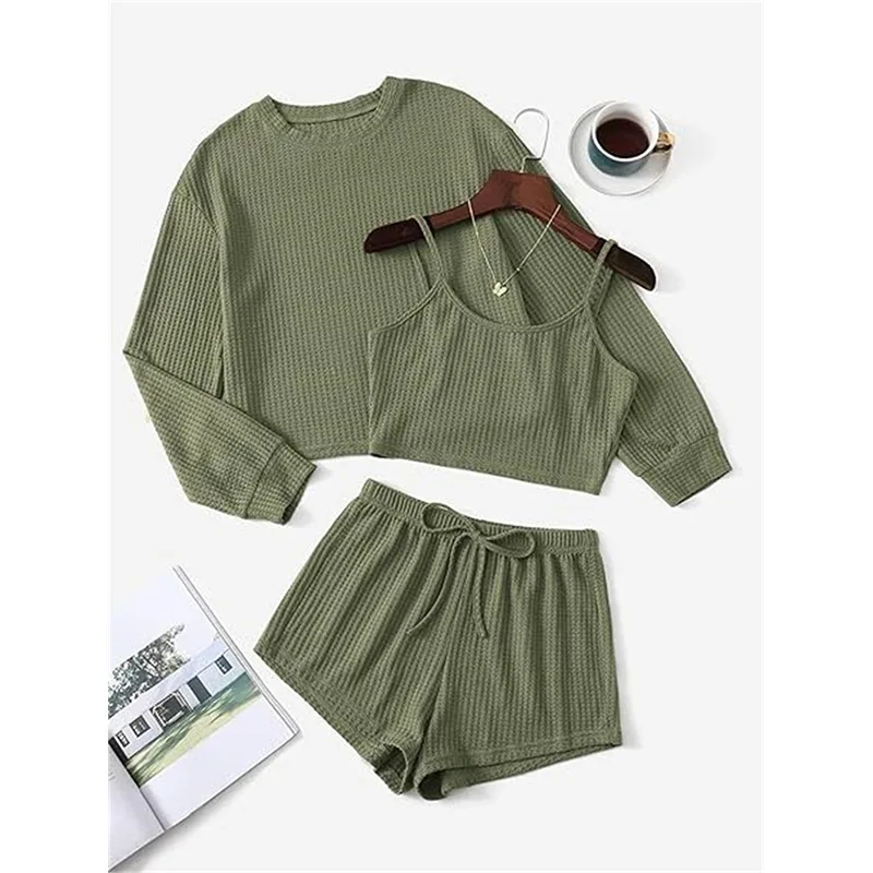 

Women's Waffle Knit Casual Sleepwear Solid Color Set Long Sleeved Round Neck Top With Camisole Vest And Shorts