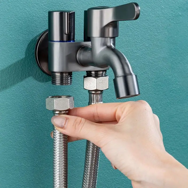 Three Way Sink Faucet Washing Machine Tap Angle Valve Diverter Stainless Steel Multifunction Balcony Mop Pool Tap Flushing Spray