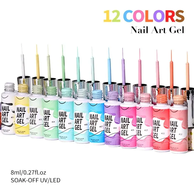 Set di smalti per unghie dipinti, set di smalti per unghie gel dipinti con linea di 12 colori glitter per unghie pittura disegno Soak Off UV LED polimerizzazione