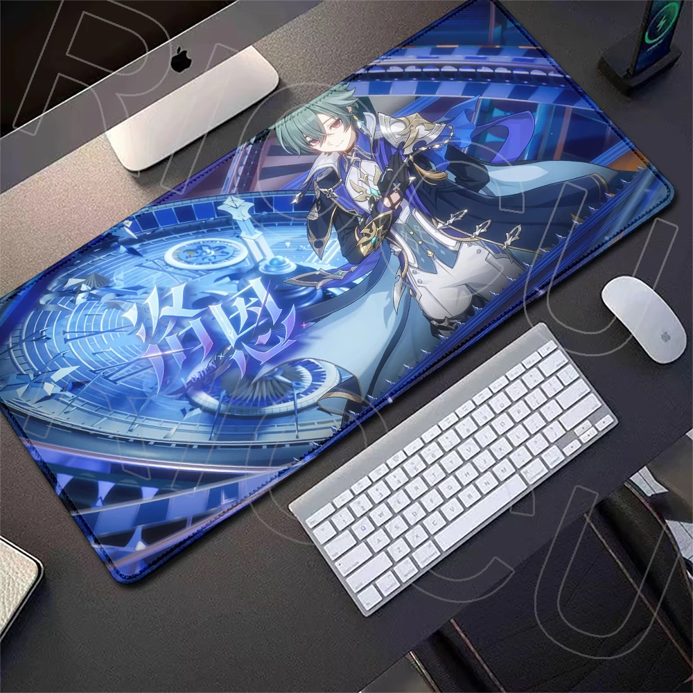 Großes Anime-Spiel Genshin Impact Lohen Mauspad, rutschfeste Gummibasis, verriegelter Rand, waschbar, schnell gleitende Schreibtischunterlage, Tastatur-Mauspad – Detail 2