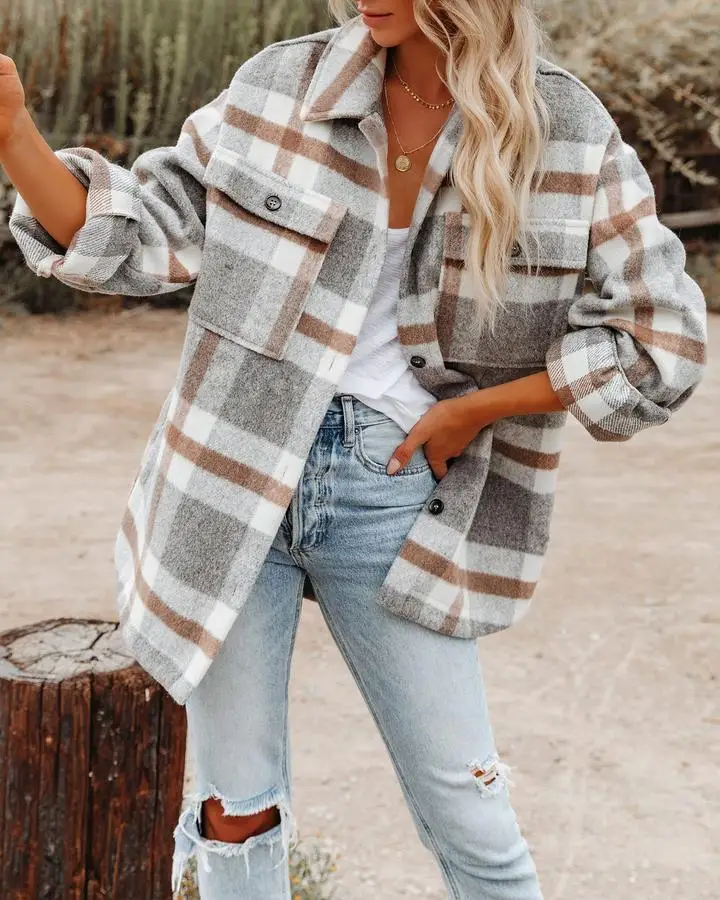 Fashion Long-sleeved Loose Plaid Shirt Woolen Coat Women\'s Autumn Winter Thickening Casual Loose Pocket Shirt Coat Top Women