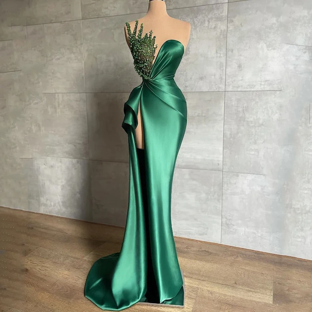 Green Luxury Elegant Evening Dresses Strapless Mermaid Satin Crystal Pleat Sexy High Slit Formal Party Prom Gown Vestido De Gala