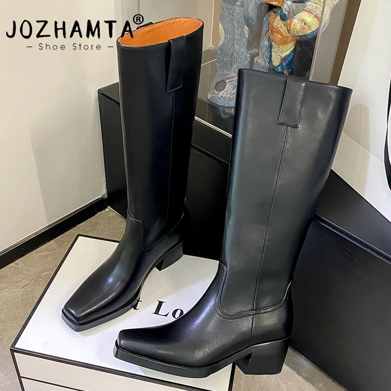 JOZHAMTA Size 34-40 Women Knee Boots Genuine Leather Square Toe Brand High Heels Shoes For Women Winter 2023 Luxury Long Boots