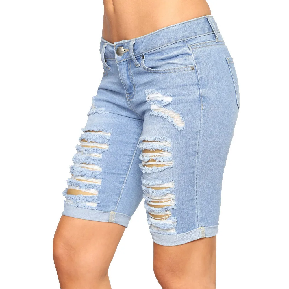 2022 Été Nouveau Taille Basse Déchiré Denim Shorts Pour Femmes Mode Skinny Slim Bouclé Longueur Au Genou Jeans Shorts S-2XL DstressShipping