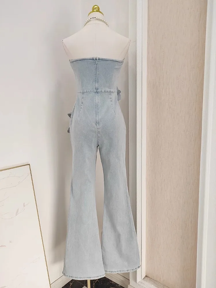 3D Appliques Flower Strapless Demin Jumpsuits For Women Off Shoulder Sleevelss Solid Color High Waist Full Length Overalls New
