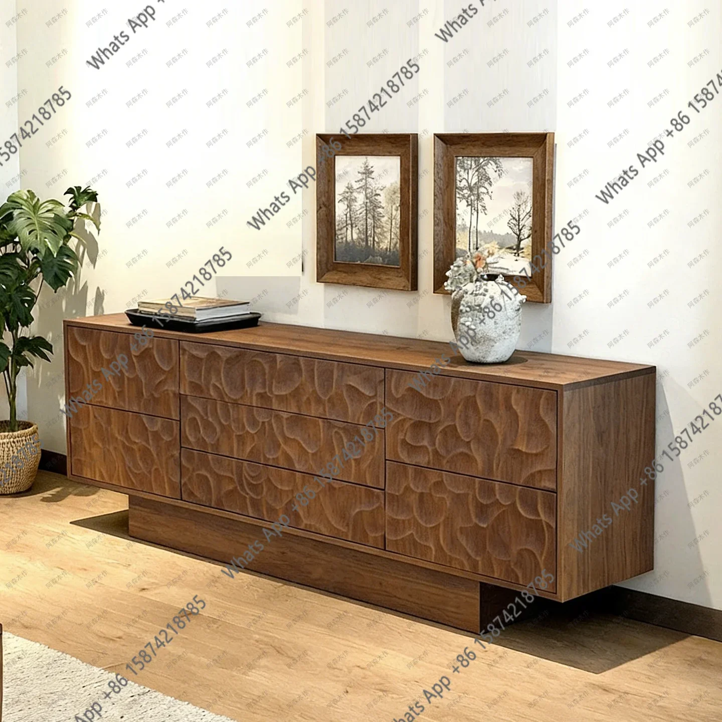 N65 North American black walnut solid wood sideboard designer carved living room wall storage cabinet second-hand