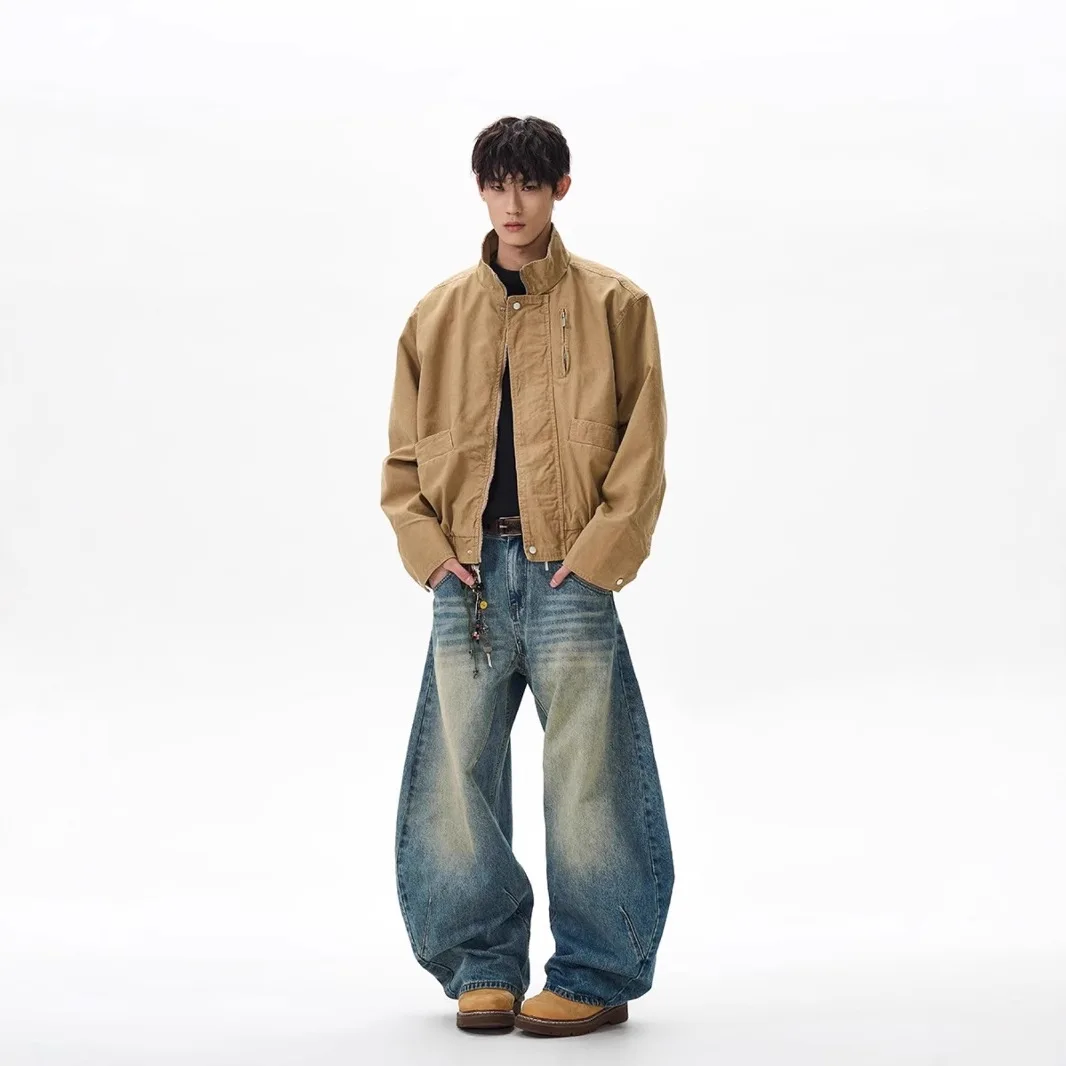 Spring Autumn Men's Casual Trendy Washed Vintage Stand Collar Zipper Canvas Jacket American New Fashion Vintage Bomber Coat Male