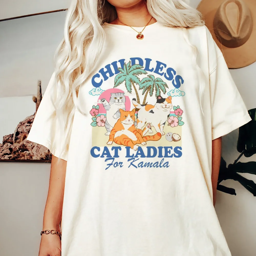 Cute Childless Cat Lady For Camala Coconut Tree Printed T-Shirt Casual Summer Round Neck Short Sleeve Women's Trendy Fun Top