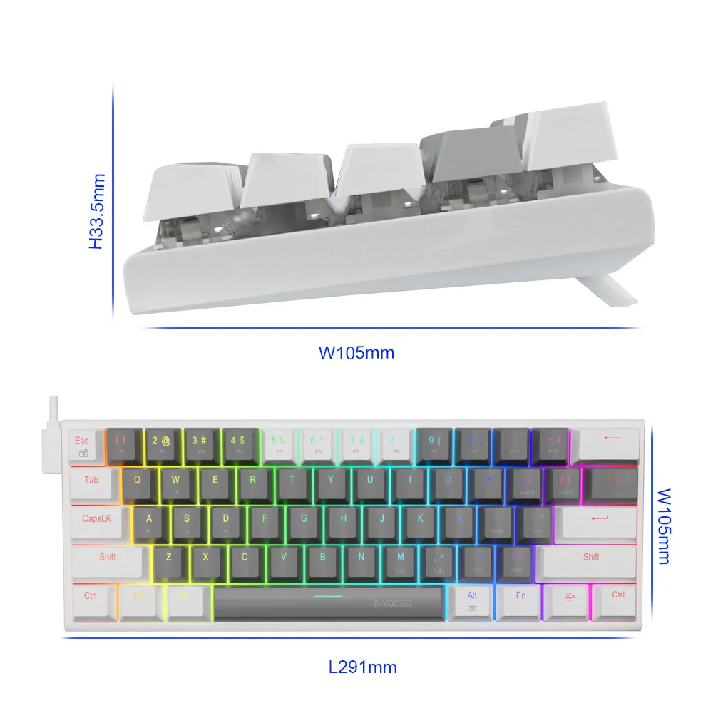 E-YOOSO Z11 RGB USB 60% Mini clavier de jeu mécanique bleu rouge interrupteur 61 touches câble détachable filaire, portable pour PC de voyage