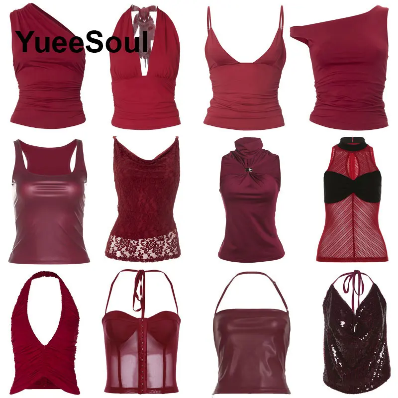 Red Crop Tops 2000s Y2K Evening Party Club Basic Sexy Tank Top 2026 New Fashion Halter Sleeveless Corset Tops Woman Clothes