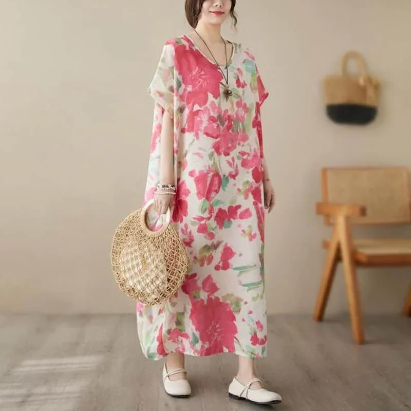 Vestidos literários vintage casual design floral manga curta solta o pescoço estilo coreano meados de bezerro vestido de verão para roupas femininas