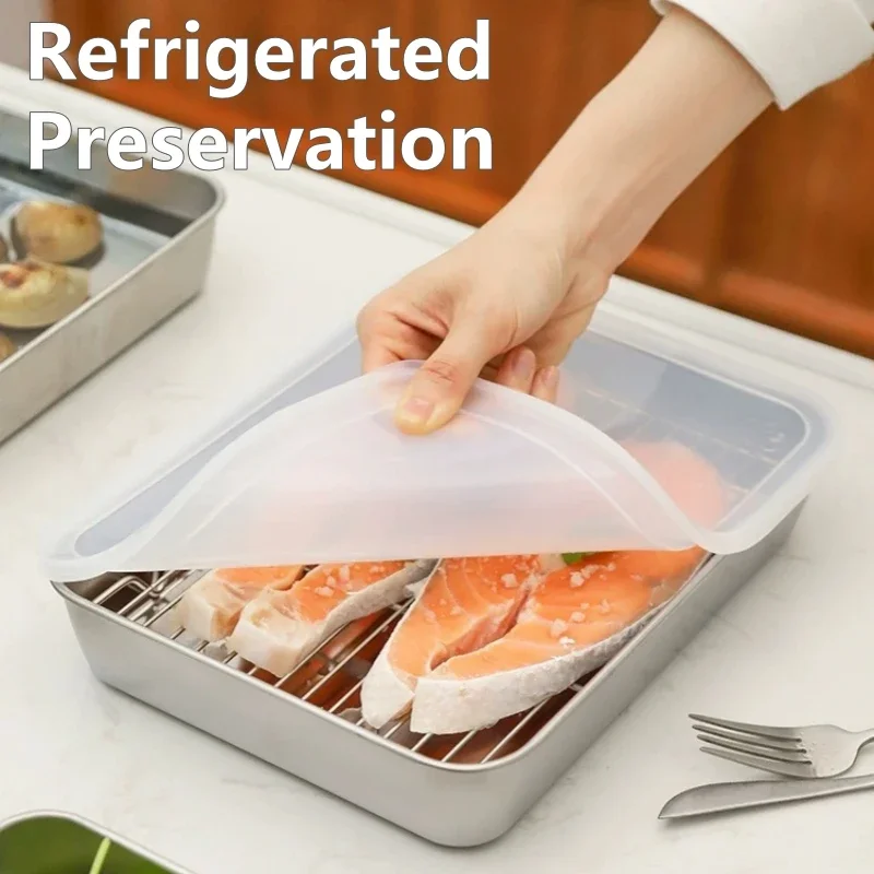 Food Storage Trays Rectangle Preservation Box with Plastic Cover Stainless Steel Multi-Function Rustproof Barbecue Food Storager