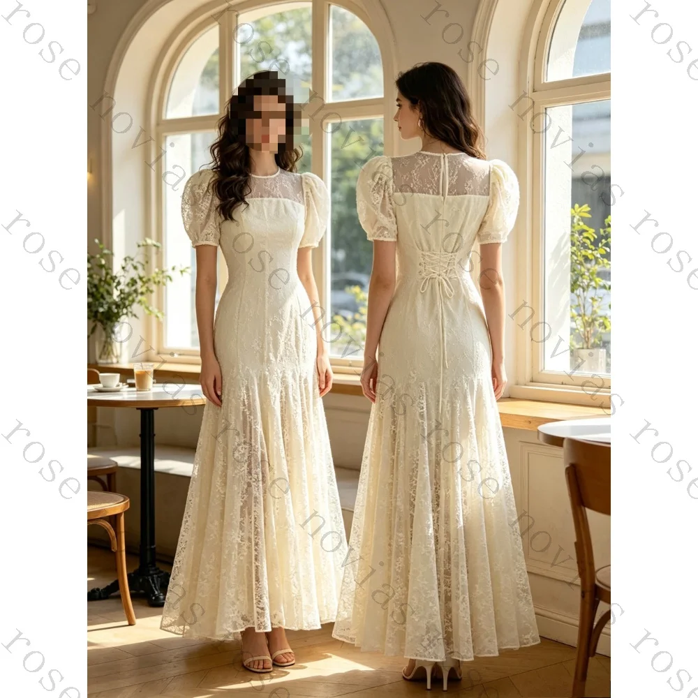 Customized 2026 Vintage Backless Lace Bubble Sleeve Wedding Dress Boat Collar and Sheer Mermaid Bridal Gown Suitable for Parties
