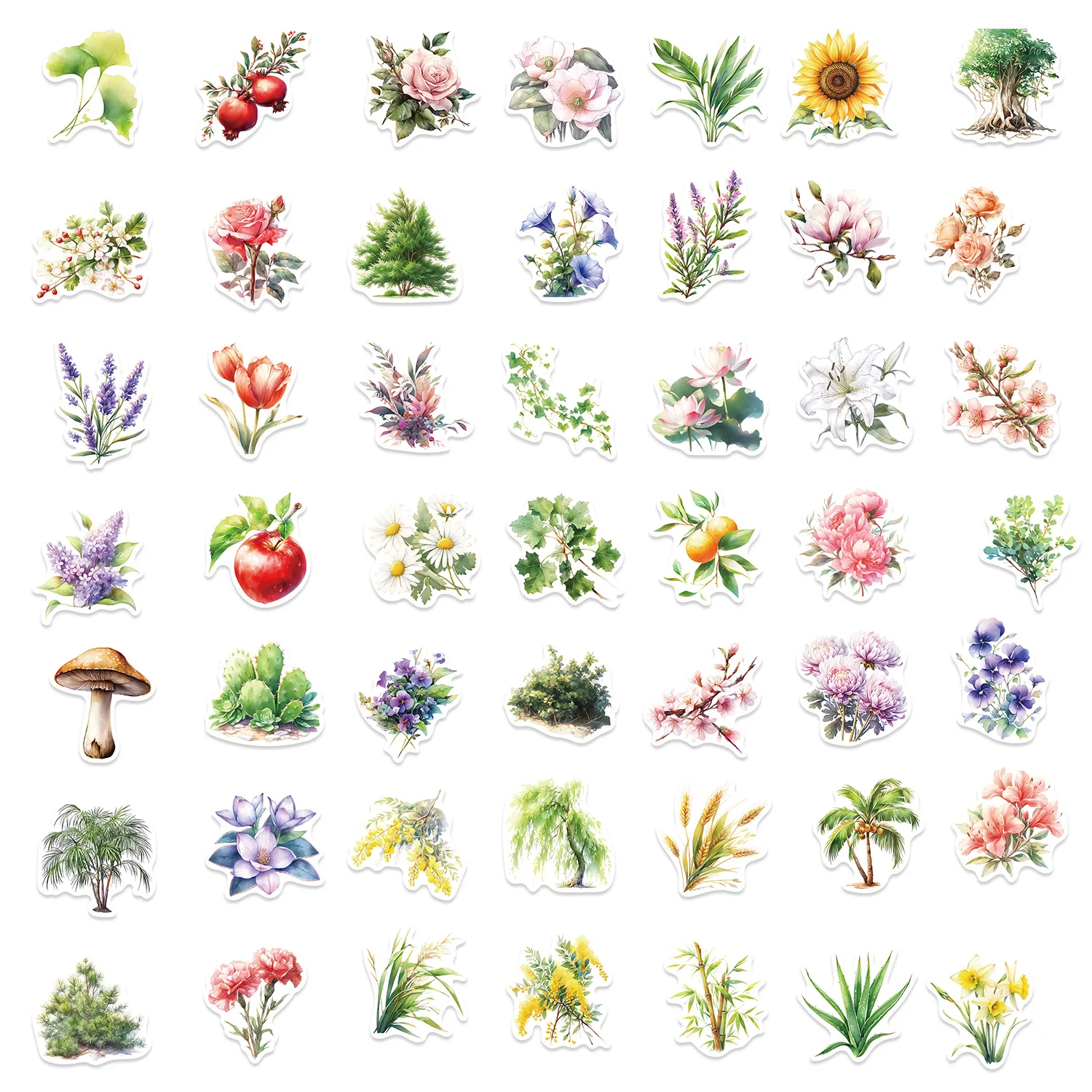 50pcs Plant Illustration Stickers For Diary Notebook Laptop Wall Waterproof Sticker Removable