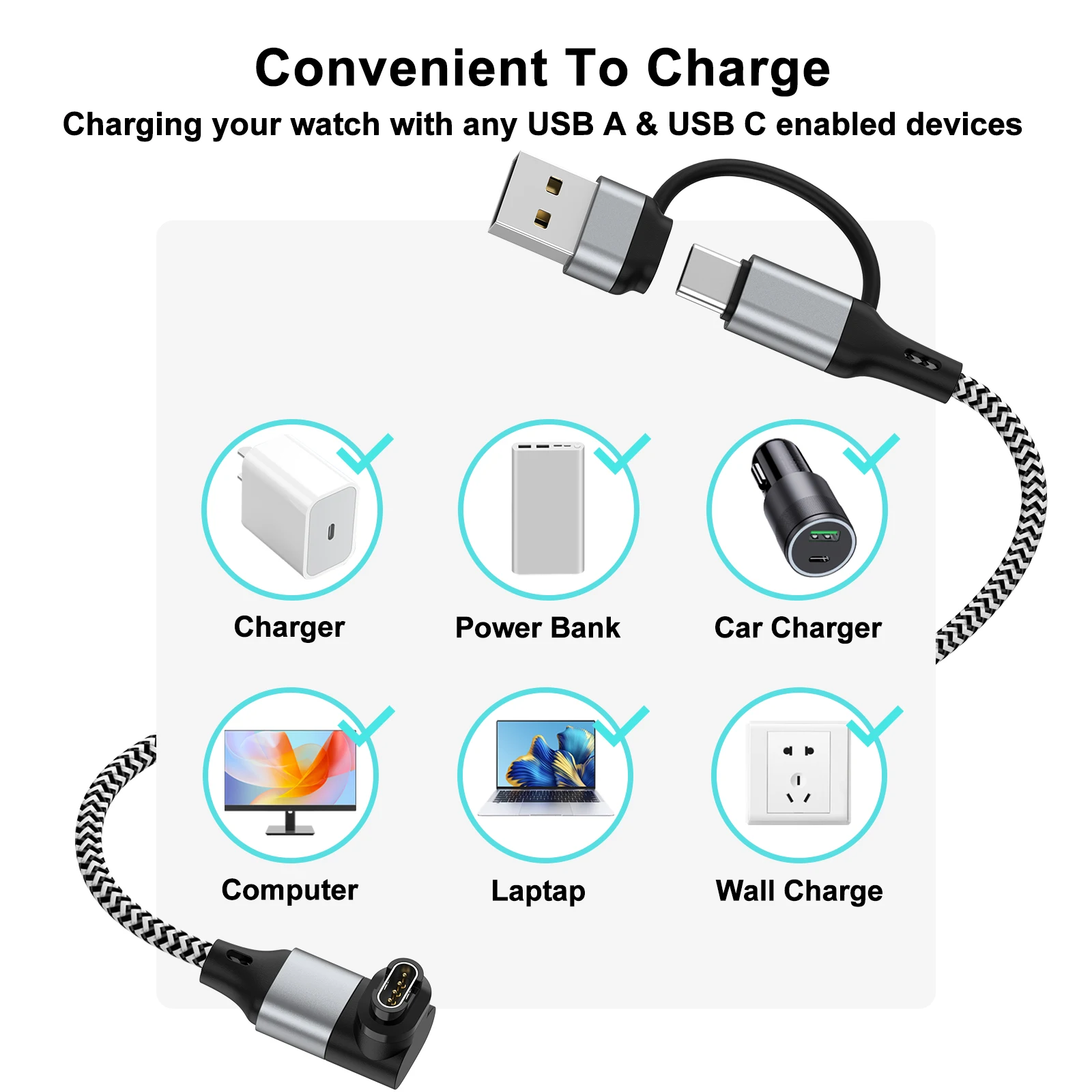 كابل شحن USB من النوع C من النايلون لـ Garmin Fenix 8/E/7/6/6X/6S/5X/5 /5S Venu2/VenuSq2/3/3S Vivoactive4/4S/3 Approach S70/S62