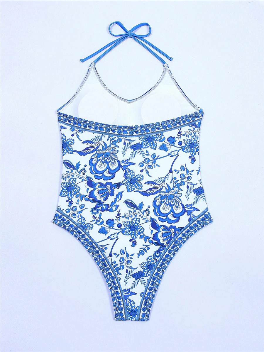 2024 Halter String Print Swimsuit Women One Piece Sexy Swimwear Female Bathers Bathing Swimming Swim Suit Beachwear