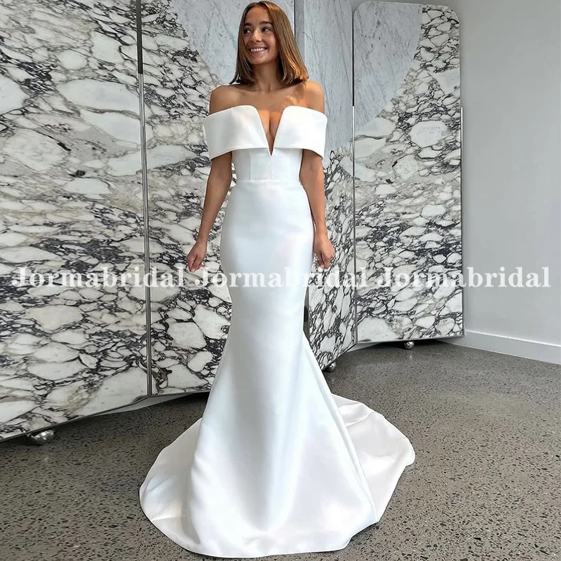 Modern Off the Shoulder Wedding Dress with Plunging Notched Neckline Bridal Gowns Eegant Mermaid Long Satin Wedding Gown Vestido