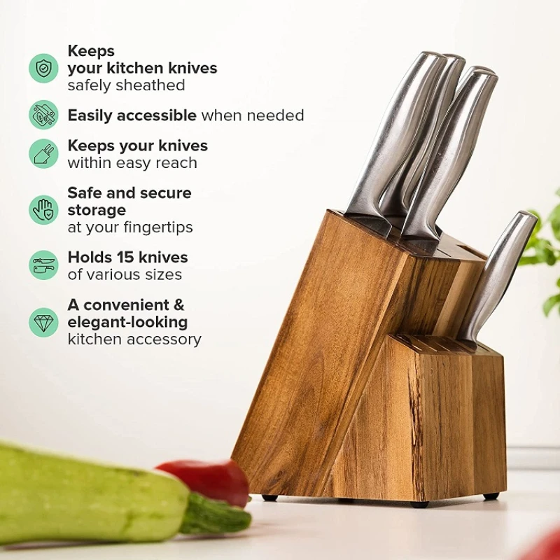 Multi Slot Wooden Knife Storage Rack Cutlery Universal Stand Organizer Chef Knife With Acacia Wood Block