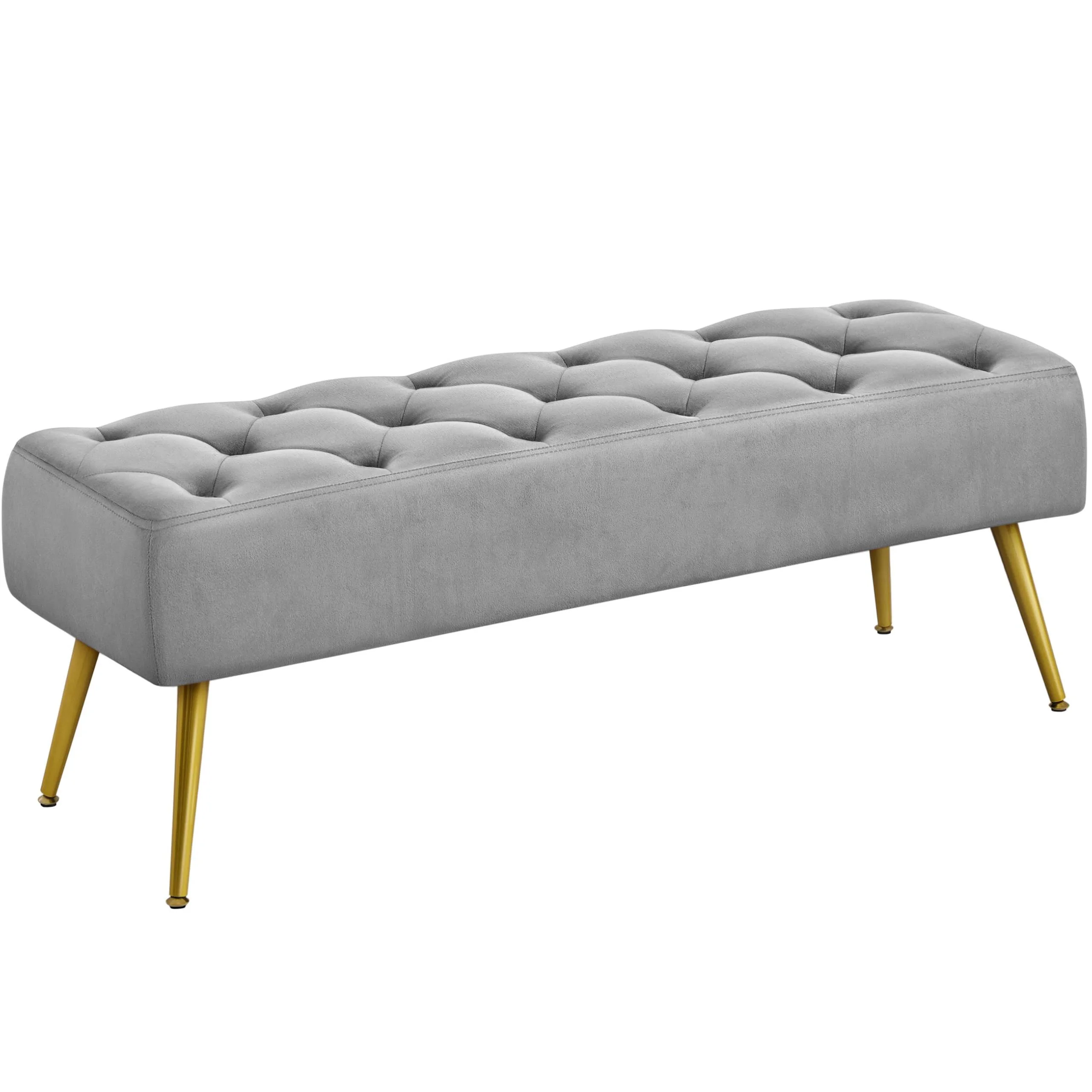 Velvet Footstool Bench Upholstered Ottoman, Button Tufted Storage Stool for Living Room, Sofa Footrest with Metal Legs, Gray