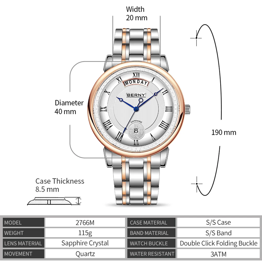 BERNY Men Quartz Watch Miyota VJ55Top Quality Luxury Brand Day Date Stainless Steel Wristwatch Sapphire Waterproof Watch for Men