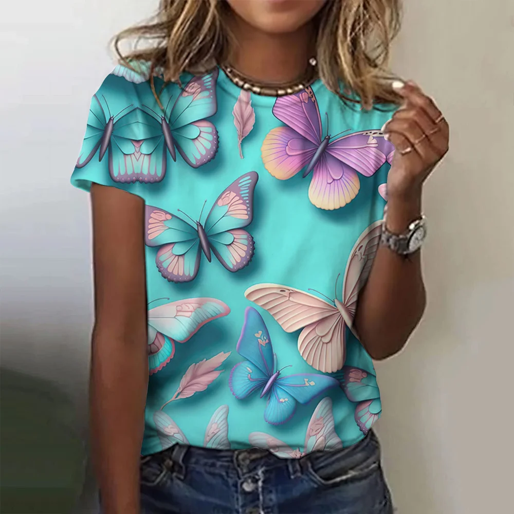 Women\'s T-Shirts 2023 Summer Fashion 3d Butterfly Print Short Sleeve Top Female Clothing O Neck Oversized Tees Harajuku T Shirts