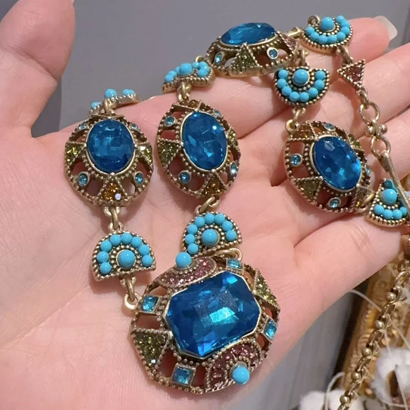 Sea Blue Crystal Statement Necklace with Gold Rhinestones