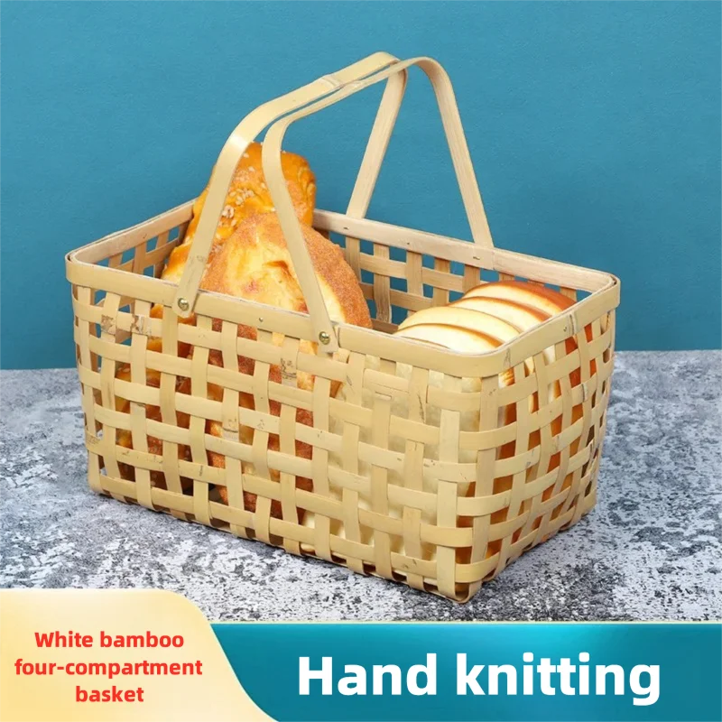 Portable Handwoven Bamboo Picnic Camping Basket, Multi-use Storage Fruit Organizer Basket with Double Handles for Home Outdoor