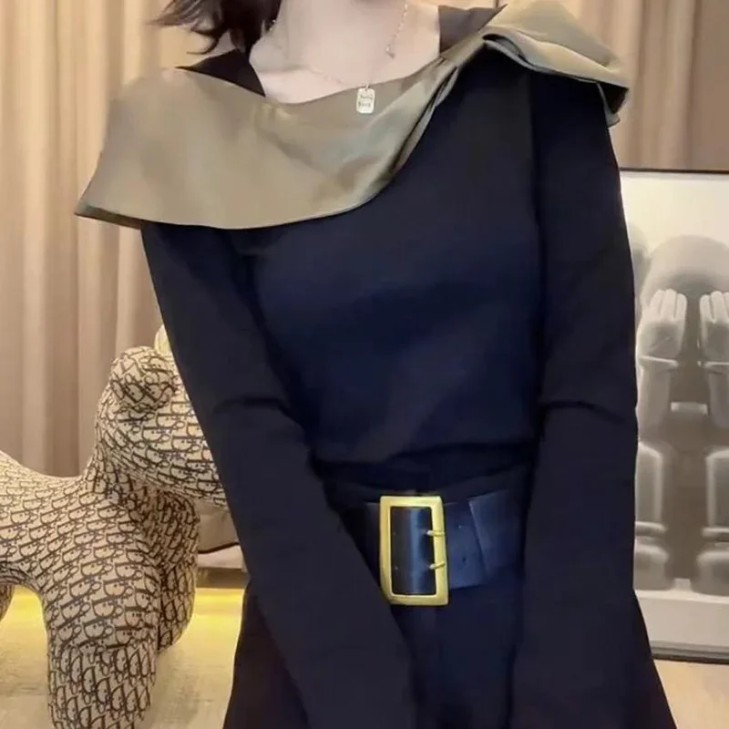 

Fashion Loose Spliced Bow Fake Two Pieces Blouse Female Clothing Autumn New Casual Pullovers Tops Korean Asymmetrical Shirt D243