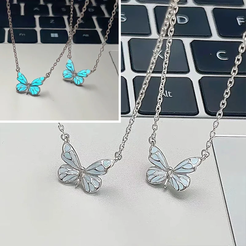 Glow in the Dark Blue Luminous Butterfly Bracelet for Women Silver Color Clavicle Chain Choker Necklace Party Jewelry Gift