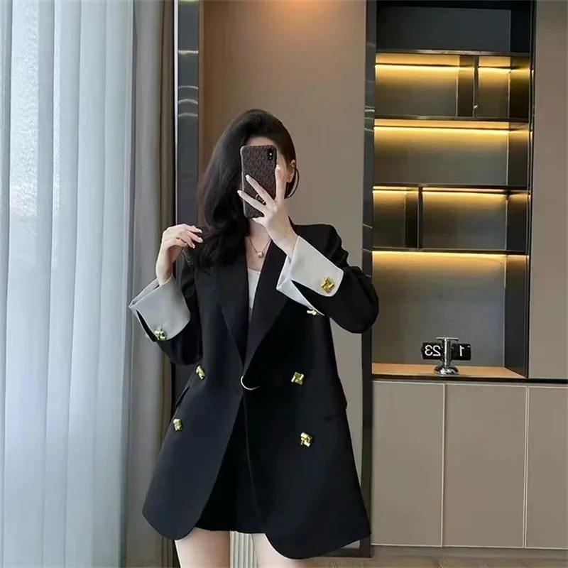 2025 nuevo Popular estilo coreano Hepburn negro y blanco Patchwork Blazer abrigo Top de manga larga para mujeres