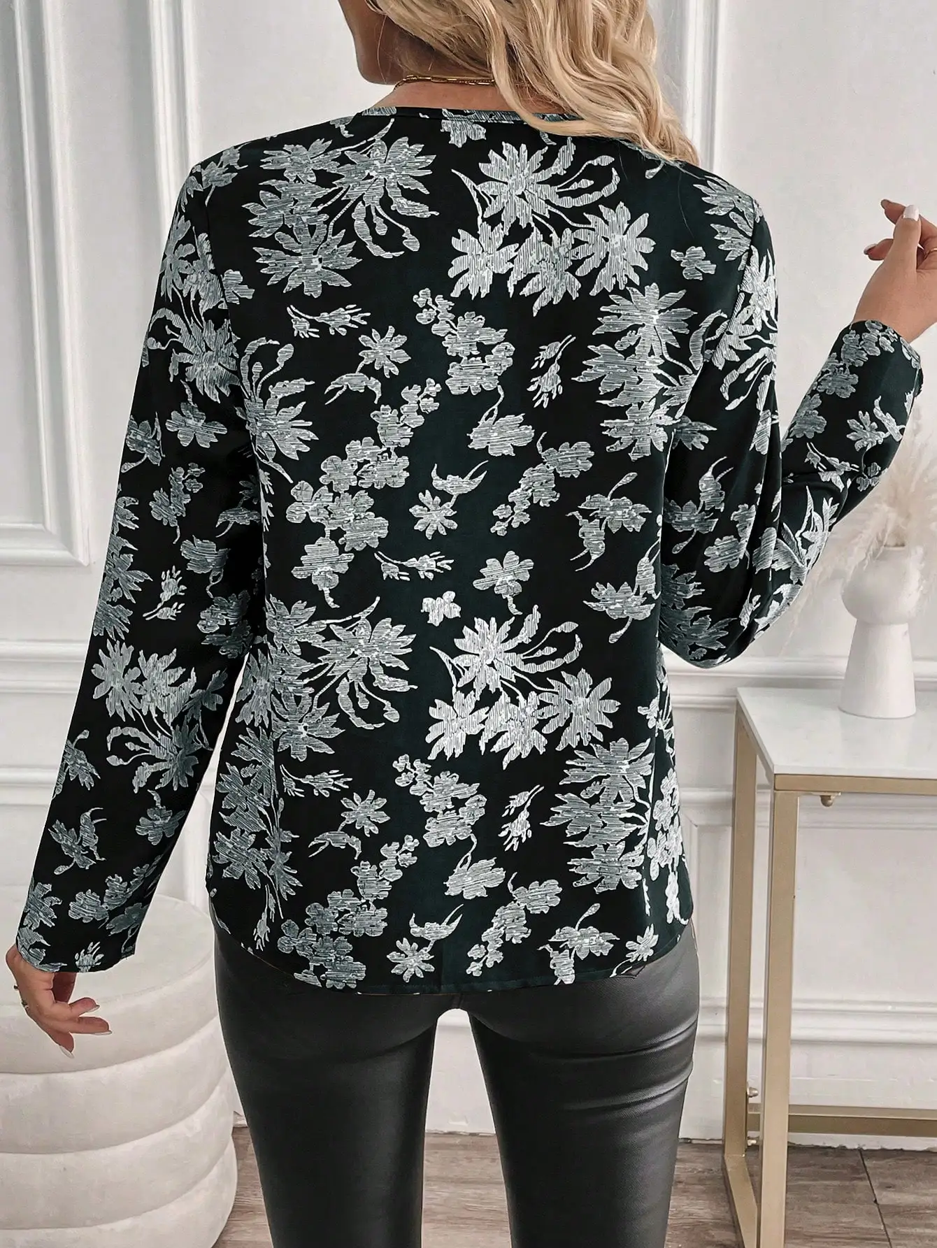 Women's Floral Print Long Sleeve Blouse, Casual Notch V-Neck Loose Fit Tunic Top, Elegant Printed Shirt For Ladies